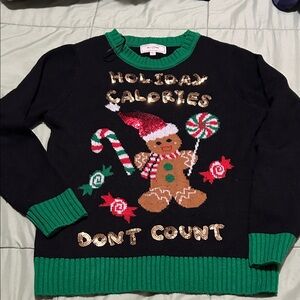 Festive Black Holiday Sweater with Gingerbread Design women medium